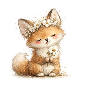 Può includere: Un'illustrazione di una volpe marrone e bianca con gli occhi chiusi e le guance rosa, che indossa una corona di fiori bianchi sulla testa. La volpe tiene tra le zampe un singolo fiore bianco con stelo verde, circondata da macchioline dorate.