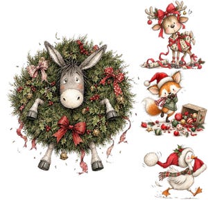 Op de afbeelding: Een verzameling kerstillustraties met een ezel die door een groene dennenkrans met rode strikken en bessen kijkt, een rendier omwikkeld met lint, een vos met kerstballen en een gans die een rode muts en een geruite sjaal draagt.