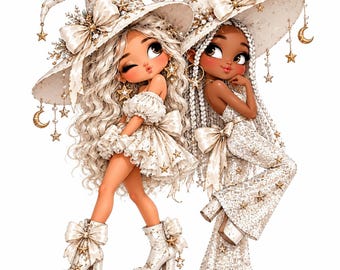 May include: Two stylized figures wearing matching cream-colored witch hats adorned with gold stars, moons, and bows. One figure has long wavy hair and a ruffled dress, while the other has braided hair and a sequined jumpsuit with platform boots.