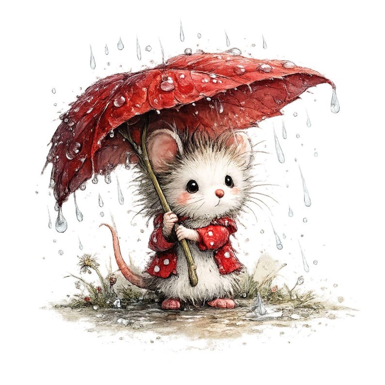 Peut inclure: Illustration d'une souris sous un parapluie en forme de feuille rouge sous la pluie. La souris porte une veste rouge &agrave; pois blancs et tient un b&acirc;ton en bois. L'image &eacute;voque un sentiment de chaleur et de protection.