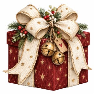 Op de afbeelding: Een vierkante geschenkdoos in donkerrood met een gouden sterrenpatroon, omwikkeld met een breed crèmekleurig lint met gouden sterren. De bovenkant is versierd met een grote strik, groene dennentakken, rode en witte bessen, twee koperen belletjes en een label met een rood hartje.