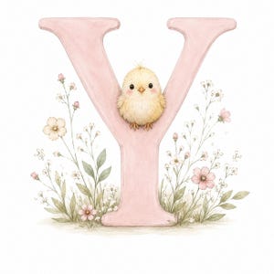 May include: A large, pale pink letter Y decorated with a fluffy, light yellow baby chick perched on the center. The letter is surrounded by delicate watercolor illustrations of small pink and white flowers with green leaves and thin stems.