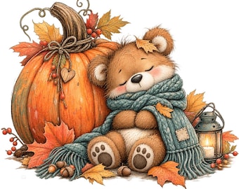 May include: A brown teddy bear sleeping against a large orange pumpkin, wrapped in a teal knitted scarf. The scene includes autumn maple leaves, small red berries, acorns, and a lit metal lantern, all arranged on a plain white background.