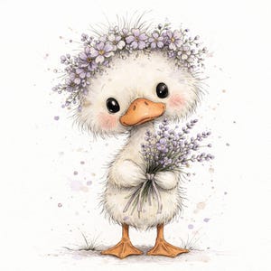 May include: A charming watercolor illustration of a fluffy white duckling. The duckling wears a lavender flower crown and holds a bouquet of lavender. The duckling has a peach-colored beak and feet, with rosy cheeks and big black eyes.
