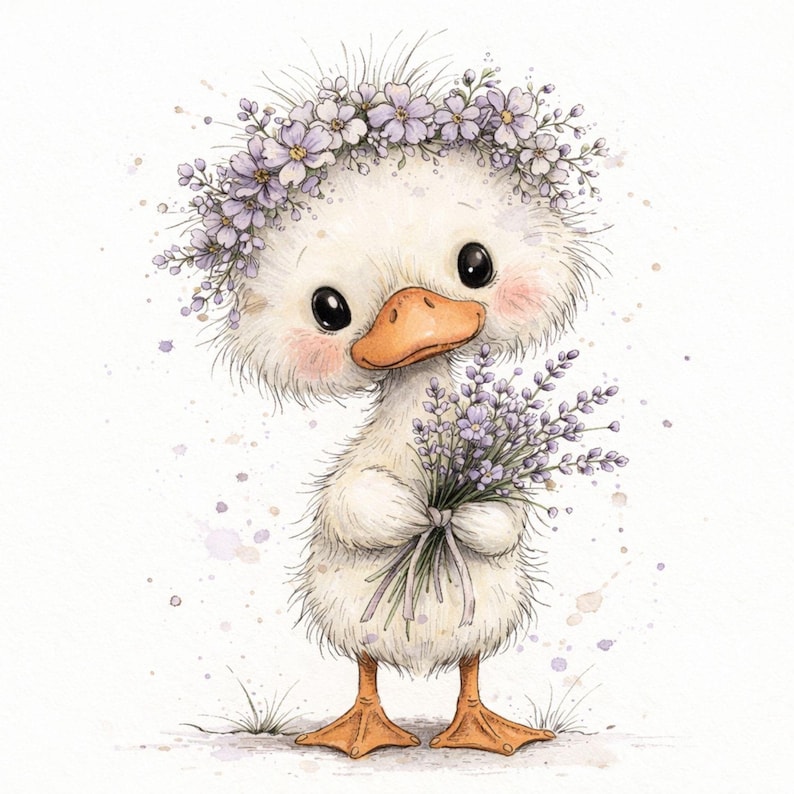 May include: A charming watercolor illustration of a fluffy white duckling. The duckling wears a lavender flower crown and holds a bouquet of lavender. The duckling has a peach-colored beak and feet, with rosy cheeks and big black eyes.