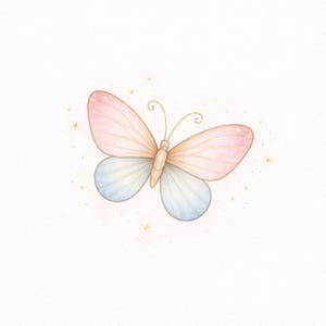 Puede incluir: Ilustraci&oacute;n en acuarela de una mariposa con alas rosas y azules, cuerpo marr&oacute;n y antenas doradas. La mariposa est&aacute; centrada sobre un fondo blanco con peque&ntilde;os detalles de estrellas doradas.