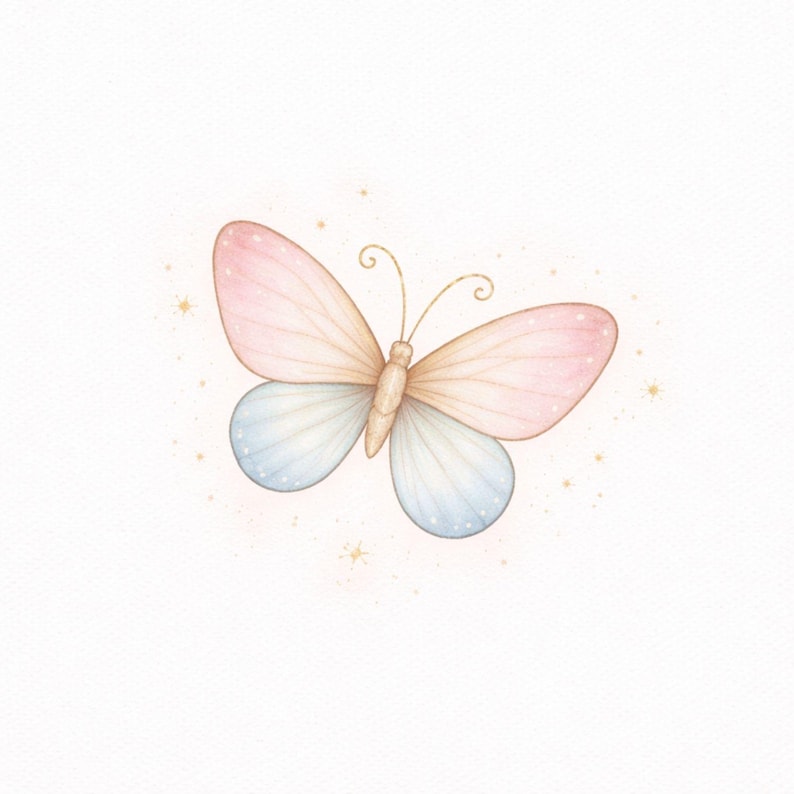 Puede incluir: Ilustraci&oacute;n en acuarela de una mariposa con alas rosas y azules, cuerpo marr&oacute;n y antenas doradas. La mariposa est&aacute; centrada sobre un fondo blanco con peque&ntilde;os detalles de estrellas doradas.