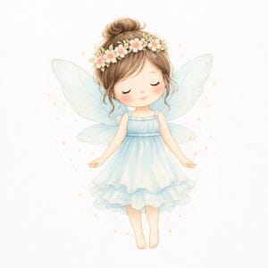 Puede incluir: Una ilustraci&oacute;n digital de un hada con el pelo casta&ntilde;o recogido en un mo&ntilde;o, una corona de flores y un vestido azul claro con volantes. El hada tiene alas azul claro transl&uacute;cidas y est&aacute; rodeada de peque&ntilde;as chispas doradas sobre fondo blanco.