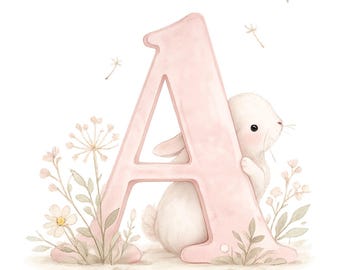 Op de afbeelding: Een grote, lichtroze letter A met een zachte aquarelillustratie van een klein wit konijntje dat achter de rechterkant vandaan kijkt. De letter is omringd door delicate, gedempte groen-witte wilde bloemen en zwevende paardenbloemzaadjes.
