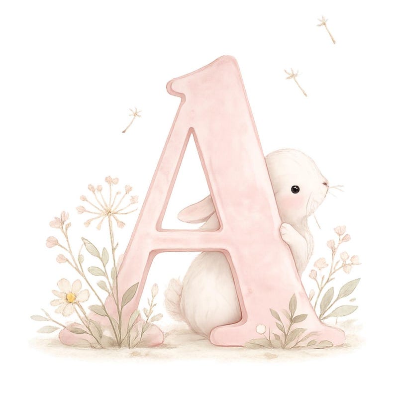 May include: A large, pale pink letter A featuring a soft watercolor illustration of a small white rabbit peeking from behind the right side. The letter is surrounded by delicate, muted green and white wildflowers and floating dandelion seeds.