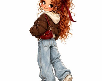 May include: An illustration of a character with long curly red hair tied with a dark red ribbon, wearing a brown puffer jacket over a cream hoodie, light blue wide-leg jeans, white sneakers, and carrying a small red shoulder bag.