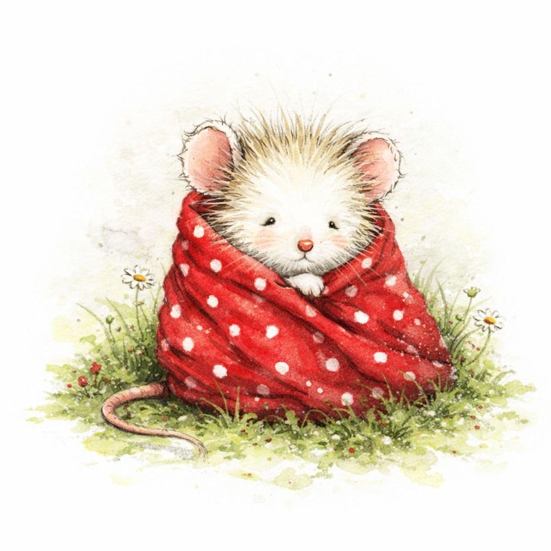 Peut inclure: Illustration &agrave; l'aquarelle d'une petite souris blanche envelopp&eacute;e dans une couverture rouge &agrave; pois blancs. La souris est assise dans un coin d'herbe verte avec de petites fleurs blanches.