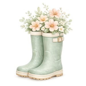 May include: Watercolor illustration of a pair of light green rain boots filled with peach-colored flowers and green foliage. The boots have a cream-colored trim and a buckle detail. The image is set against a white background, evoking a spring or garden theme.