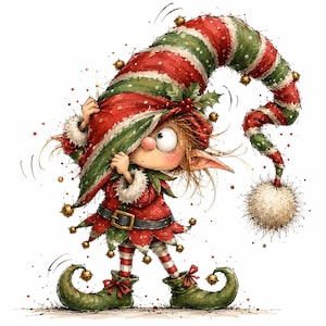 May include: A whimsical illustration of a Christmas elf wearing a red and green striped hat with small bells, a red tunic with a black belt, and green curled shoes. The elf has messy hair, large eyes, and is holding the edge of the long hat.