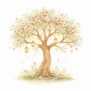 Puede incluir: Una ilustraci&oacute;n en acuarela de un &aacute;rbol con un tronco marr&oacute;n grueso y texturizado, con ramas llenas de flores de color rosa claro y hojas verdes. Tres peque&ntilde;as linternas doradas brillantes cuelgan de las ramas y crecen flores en la base.