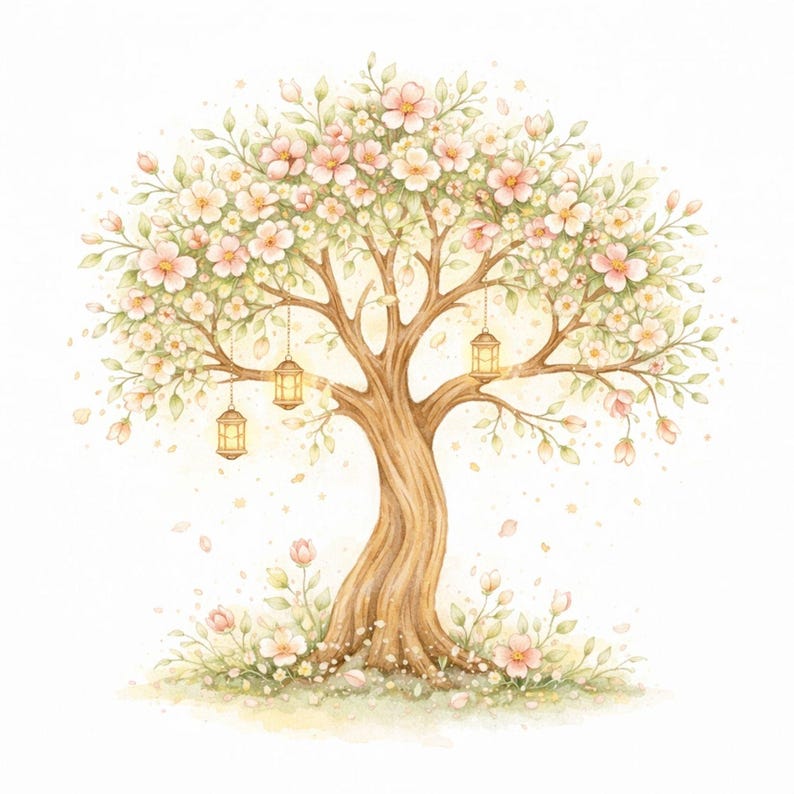 Puede incluir: Una ilustraci&oacute;n en acuarela de un &aacute;rbol con un tronco marr&oacute;n grueso y texturizado, con ramas llenas de flores de color rosa claro y hojas verdes. Tres peque&ntilde;as linternas doradas brillantes cuelgan de las ramas y crecen flores en la base.