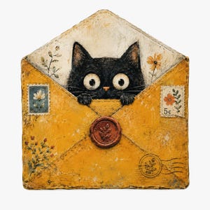 Pode incluir: Ilustração fantasiosa de um gato preto espreitando por um envelope amarelo. O envelope tem um selo de cera, selos e detalhes florais. O gato, com seus olhos grandes, é o ponto focal da obra.