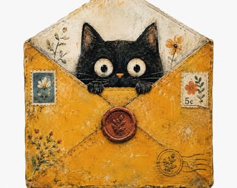 May include: A whimsical illustration of a black cat peeking out of a yellow envelope. The envelope has a wax seal, stamps, and floral accents. The cat has large, wide eyes and is the focal point of the artwork.