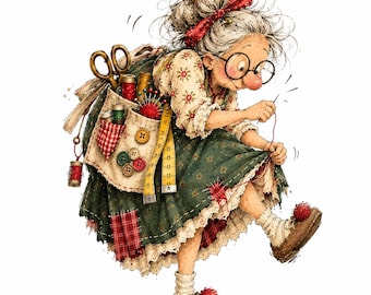 May include: An elderly person with gray hair in a bun wears round glasses and a floral blouse with a dark green skirt. A sewing apron holds scissors, spools of thread, buttons, and a yellow measuring tape. They are holding a needle and thread.