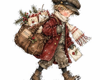 Victorian Christmas Post Children Clipart Bundle: Watercolor Vintage Postal Kids Illustration, 13 PNG