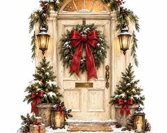 Christmas Village Doors Clipart Bundle: Watercolor Winter Village Houses Illustration, 13 PNG