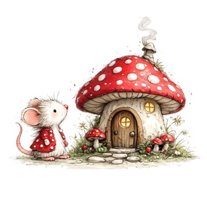 Peut inclure: Illustration &agrave; l'aquarelle d'une sc&egrave;ne fantaisiste avec une souris blanche v&ecirc;tue d'un manteau &agrave; pois rouges, regardant une maison champignon. La maison a un chapeau rouge et blanc tachet&eacute;, une porte en bois et une chemin&eacute;e fumante. Petits champignons et fleurs.