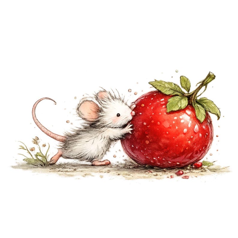 Peut inclure: Illustration &agrave; l'aquarelle d'une petite souris blanche aux oreilles roses et &agrave; la longue queue, interagissant avec une grosse fraise rouge m&ucirc;re. La fraise a des feuilles vertes et une tige. La sc&egrave;ne se d&eacute;roule sur une surface brun clair.