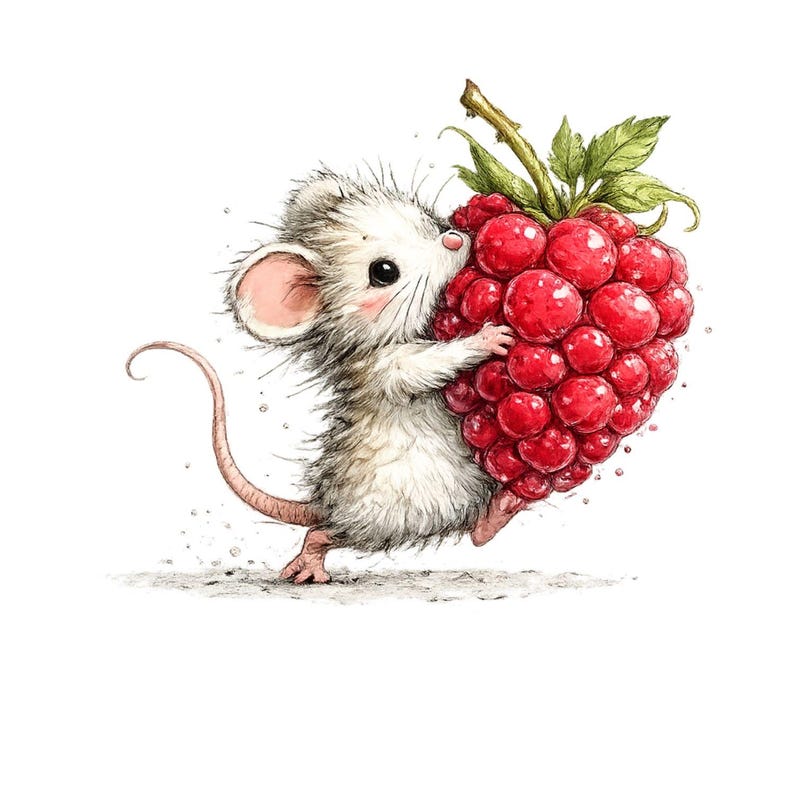 Peut inclure: Illustration &agrave; l'aquarelle d'une petite souris blanche portant une grosse framboise rouge. La souris a des oreilles roses et une longue queue courb&eacute;e. La framboise a des feuilles vertes et une tige brune.