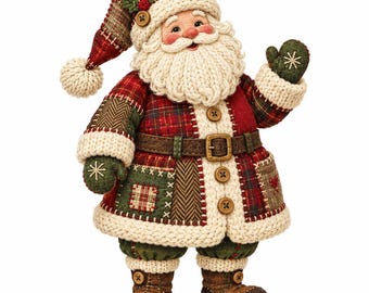 May include: A Santa Claus figurine wearing a patchwork coat and hat in red, green, and brown plaid and herringbone fabrics. The outfit features cream-colored knitted trim, wooden buttons, a brown belt, and green mittens with white star embroidery.