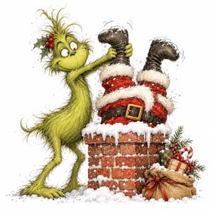 May include: A green, furry creature with a tuft of hair and holly leaves on its head stands beside a red brick chimney. It holds the black boots of a figure in a red suit stuck upside down in the chimney. A burlap sack with gifts sits nearby.