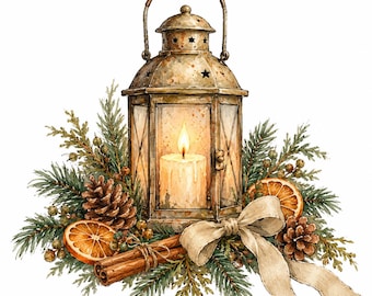 May include: A metal lantern with a lit candle inside, surrounded by evergreen branches, pinecones, dried orange slices, cinnamon sticks, and a beige ribbon. The lantern features star-shaped cutouts and a handle on top.
