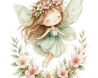 Puede incluir: Ilustración en acuarela de un hada con cabello castaño claro, un vestido verde y grandes alas translúcidas. Está rodeada por una corona de flores rosas y crema y hojas verdes, con una expresión serena.
