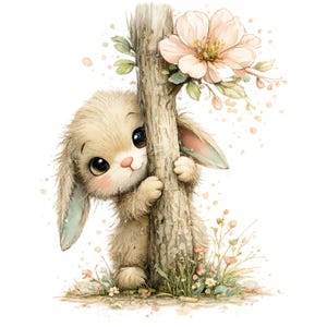 May include: A charming watercolour illustration of a bunny peeking from behind a tree trunk. The bunny has large, dark eyes, pink cheeks, and long, fluffy ears. A large, light pink flower and small wildflowers add to the whimsical scene.