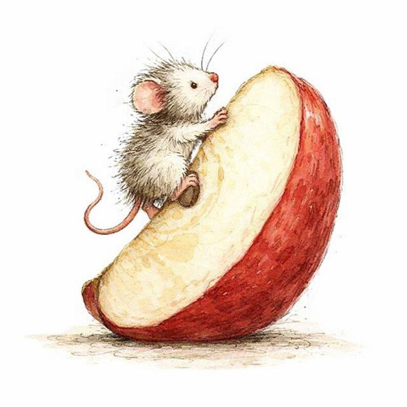 Peut inclure: Illustration &agrave; l'aquarelle d'une petite souris duveteuse grimpant sur une grosse tranche de pomme rouge. La souris a une fourrure grise, des oreilles roses et une longue queue rose. La tranche de pomme est rouge avec un int&eacute;rieur jaune cr&egrave;me, sur fond blanc.