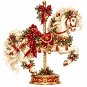 May include: A white carousel horse figurine mounted on a gold pole and base. The horse features a red saddle with gold snowflake patterns, large red bows, green pine sprigs, red berries, and numerous small gold bells attached to its body.