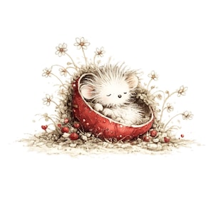 Peut inclure: Illustration &agrave; l'aquarelle d'un h&eacute;risson endormi dans un champignon rouge. Le h&eacute;risson blanc aux yeux ferm&eacute;s est entour&eacute; de fourrure duveteuse. Des fleurs blanches et des baies rouges ornent la sc&egrave;ne, sur fond blanc.