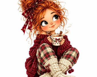 May include: A digital illustration of a character with messy red hair tied with a dark red snowflake ribbon, wearing a chunky dark red knit sweater, plaid pants, and cream cable-knit socks, holding a mug with a bow and cinnamon sticks.