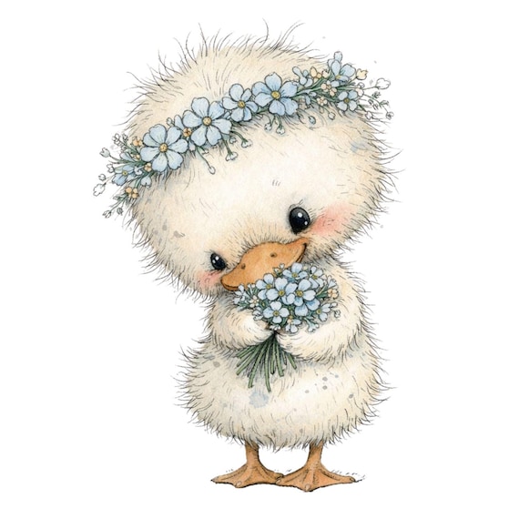 Cute Duck Clipart Bundle, Whimsical Duckling Clipart Set, Watercolor Baby Duck Illustration, Floral Duck Clipart, 25 PNG