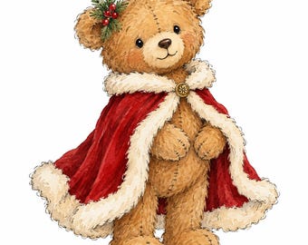 May include: A light brown teddy bear with stitched details, wearing a deep red cape with a thick white faux fur trim and a gold-colored circular clasp. The bear has a small sprig of green pine needles and red berries tucked behind one ear.