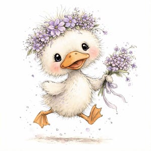 May include: A watercolor illustration of a cheerful duckling with white feathers, a yellow beak, and orange feet. The duckling wears a purple flower crown and holds a bouquet of purple flowers tied with a ribbon. The duckling is running and smiling.