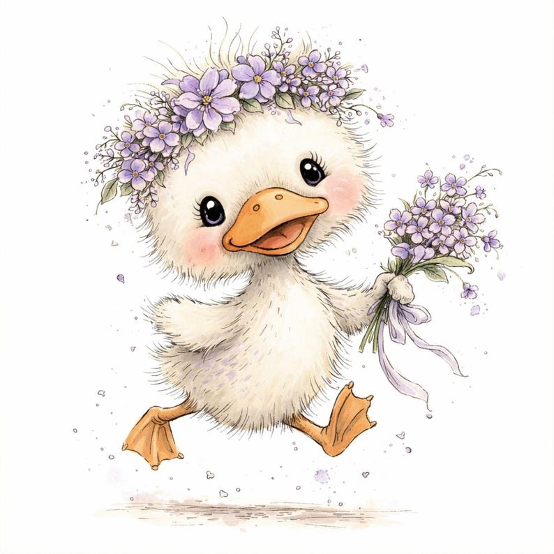 May include: A watercolor illustration of a cheerful duckling with white feathers, a yellow beak, and orange feet. The duckling wears a purple flower crown and holds a bouquet of purple flowers tied with a ribbon. The duckling is running and smiling.