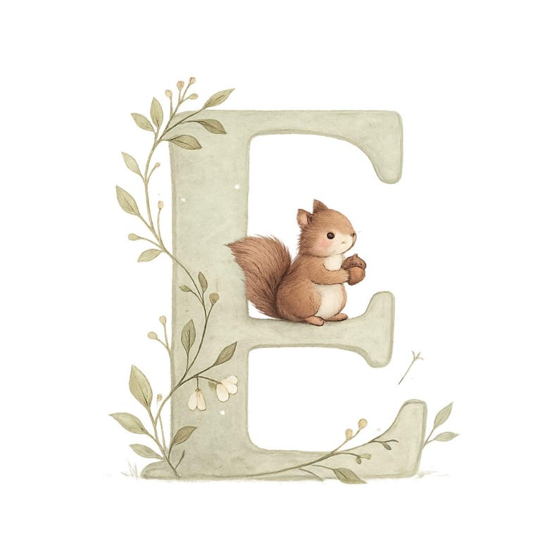 May include: A watercolour illustration of the letter 'E' in a pale green, decorated with floral sprigs. A cute brown squirrel holding an acorn is perched on the letter. The image has a whimsical, storybook style, suitable for children's room decor.