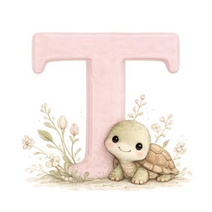 May include: A large, pale pink capital letter T stands upright, decorated with a small, light green turtle with a brown shell resting at its base. Delicate, hand-drawn style illustrations of thin stems, leaves, and small white flowers surround the letter.