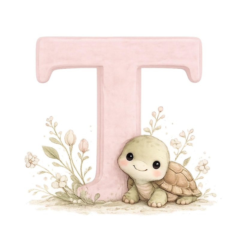 May include: A large, pale pink capital letter T stands upright, decorated with a small, light green turtle with a brown shell resting at its base. Delicate, hand-drawn style illustrations of thin stems, leaves, and small white flowers surround the letter.