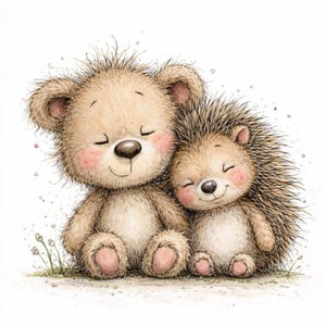 Puede incluir: Una conmovedora ilustración de un oso de peluche y un erizo, ambos con los ojos cerrados y mejillas rosadas, abrazándose. El oso de peluche tiene un pelaje suave y marrón claro, mientras que el erizo tiene púas espinosas de color marrón oscuro. Están sentados en un césped.