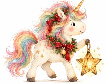 May include: A white unicorn illustration with a rainbow-colored mane and tail, featuring a golden horn. The unicorn wears a wreath of pine needles, red berries, and a red bow with a jingle bell, while holding a glowing star-shaped lantern.