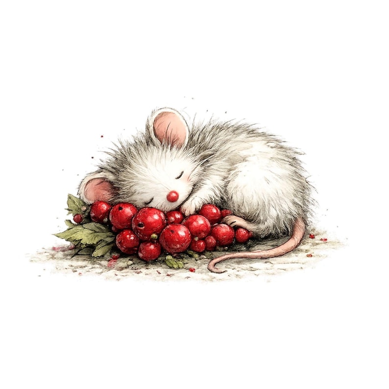 Peut inclure: Illustration &agrave; l'aquarelle d'une souris endormie blottie sur un tas de baies rouges. La souris a un pelage gris et blanc, des oreilles roses et un nez rouge. Les baies sont d'un rouge vif, avec des feuilles vertes.