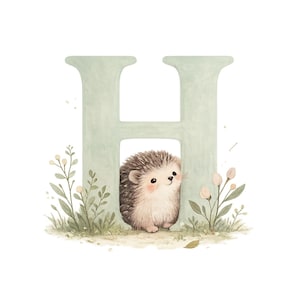 May include: A watercolour illustration of a friendly hedgehog peeking from behind a pale green letter 'H'. The image has a soft texture, with floral details and grass, creating a whimsical and charming design.