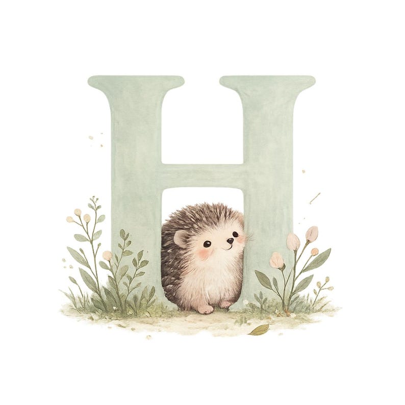 May include: A watercolour illustration of a friendly hedgehog peeking from behind a pale green letter 'H'. The image has a soft texture, with floral details and grass, creating a whimsical and charming design.