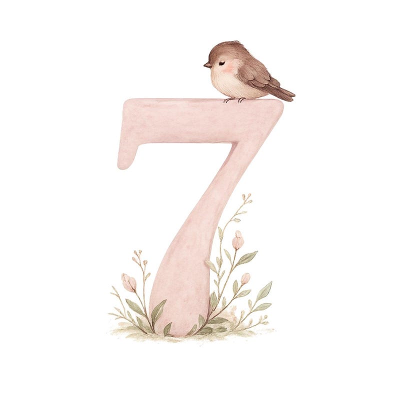 May include: A watercolour illustration featuring a light pink number seven, with a small brown bird perched on top. The number is decorated with green leaves and pink flowers at the base, creating a whimsical, nature-inspired design.